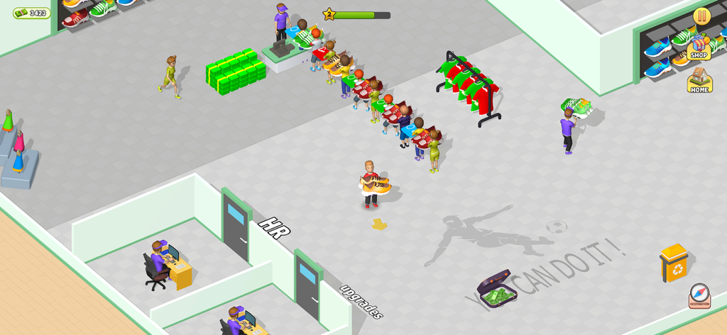 Supermarket Shopping Mall Game - レジで列を作っている客と靴のディスプレイがある小売店の3Dアイソメトリックビュー