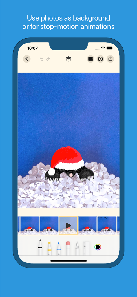 FlipKit app interface showing a stop-motion animation using a real photo as a background