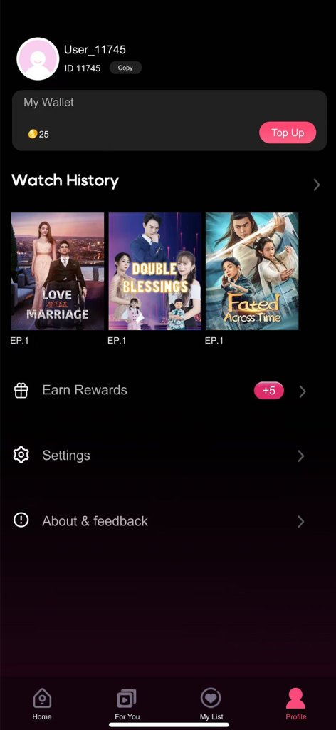 DramaShot - Watch short movies - DramaShot app user profile screen showing watch history of short dramas and wallet balance.