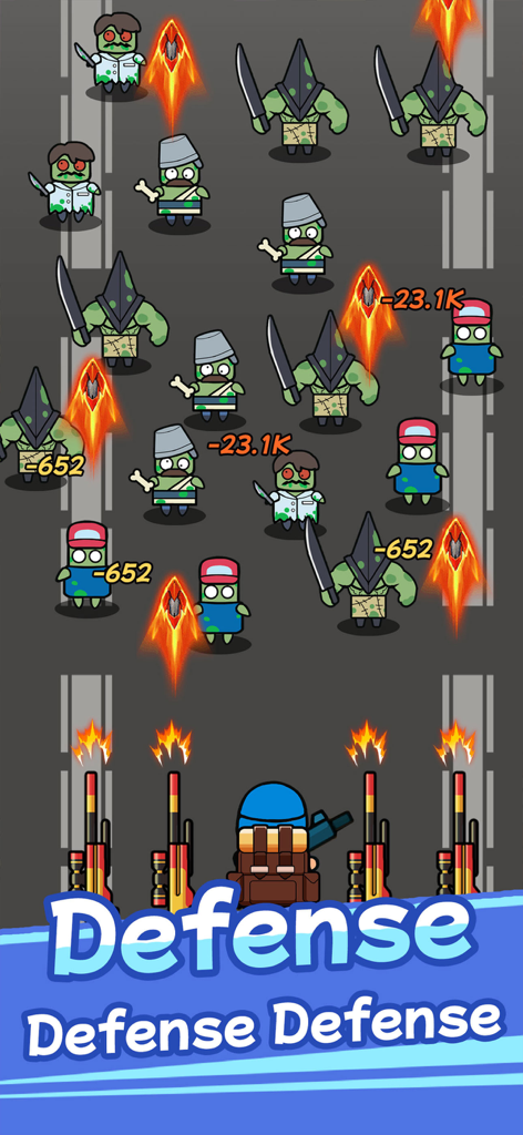 Bag Merge : Zombie Battle - A character defending against a diverse horde of zombies using upgraded cannons in Bag Merge Zombie Battle