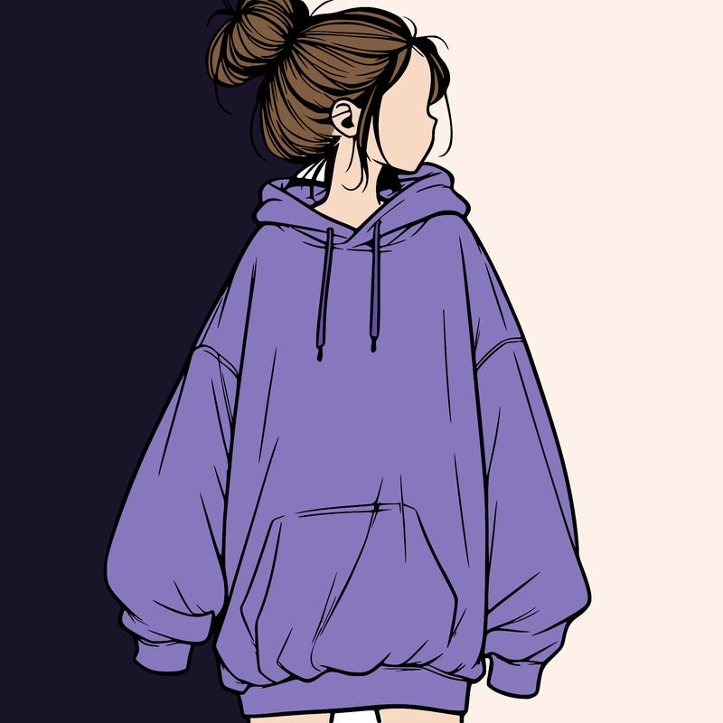 realistic girl with a oversized sweatshirt on and a bun