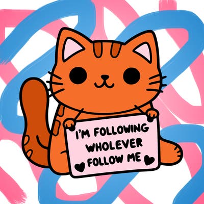 cat with a sign that says i’m following whoever follows me