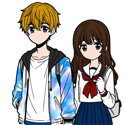 teenage boy and girl anime holding hands