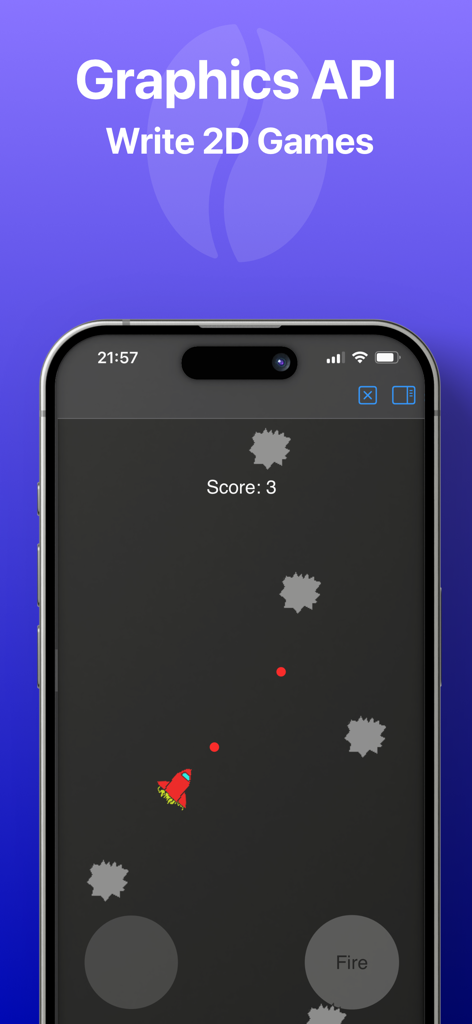 CodeBrew - IDE for Java - Mobile screen showing a 2D space shooter game developed with CodeBrew Java IDE graphics API