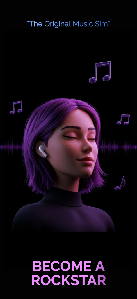 Una ragazza 3D con capelli viola e cuffie sotto la scritta Diventa una Rockstar.