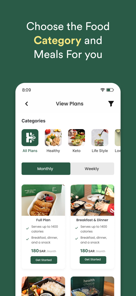 Health Choice App screen showing meal plan categories and monthly subscription options for healthy eating