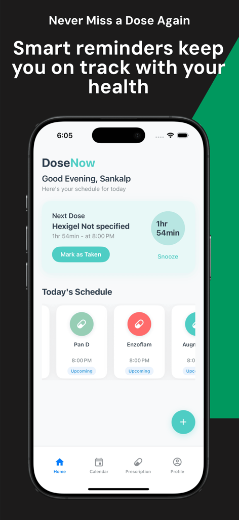 DoseNow: Medicine Tracker - Panel de la app DoseNow que muestra las próximas dosis de medicamentos y el horario diario de medicamentos en un iPhone