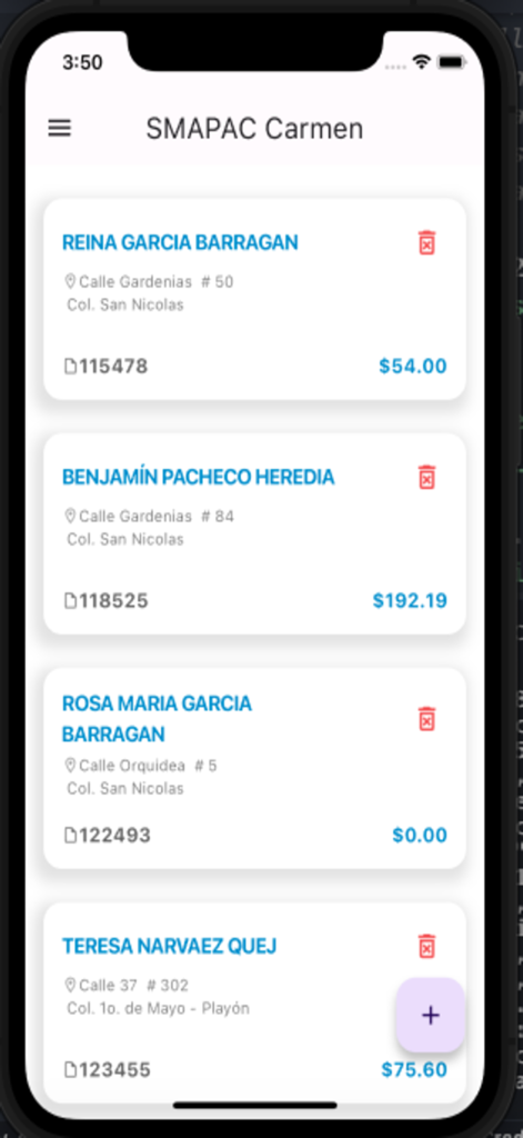 Mobile app interface of SMAPAC Carmen showing a list of registered water bill accounts with names and outstanding balances
