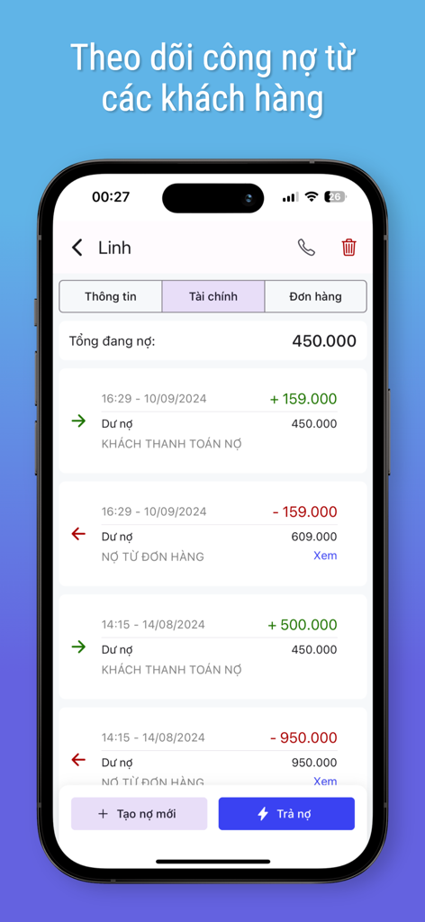ShipXanh - ShipXanh mobile app interface for tracking customer debt and financial transactions