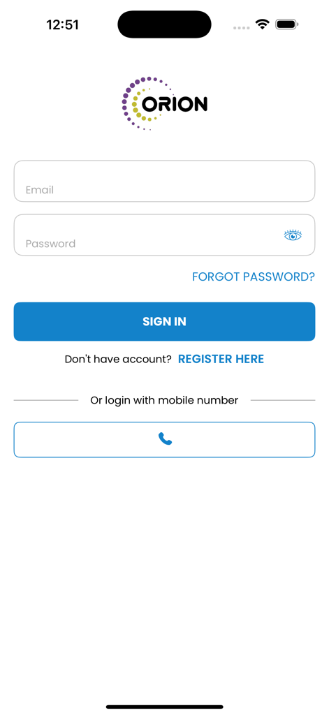 Écran de connexion de l'application OMobile avec des champs d'e-mail et de mot de passe, le logo de la plateforme Orion et le bouton de connexion.
