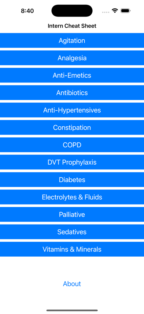 Menu principal de l'application Intern Cheat Sheet affichant des catégories médicales telles que les antibiotiques et l'analgésie
