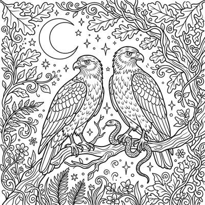 Unleash your creativity with this stunning coloring page featuring two magnificent serpent eagles perched under a mystical night sky. This detailed artwork offers a captivating journey into nature's nocturnal beauty, perfect for a relaxing coloring session.