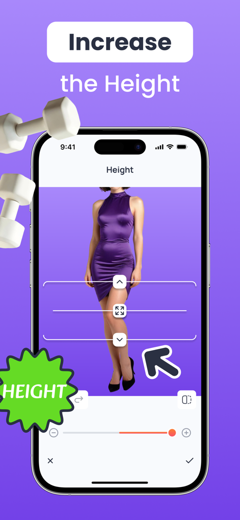 Photo Edit, Body & Face Editor - Una interfaz de aplicación móvil que demuestra cómo aumentar la altura de una persona utilizando herramientas de edición de fotos