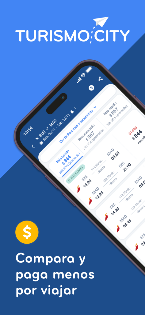 Turismocity mobile app interface showing flight comparison results for a trip from Buenos Aires to Madrid