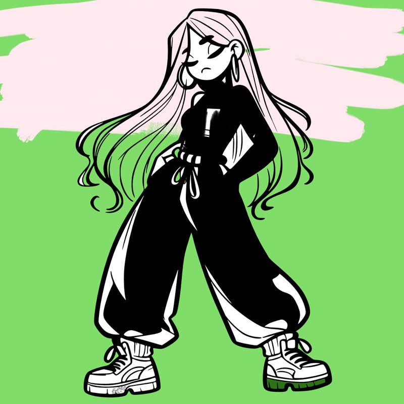 girl in baggy pants crop top and long hair