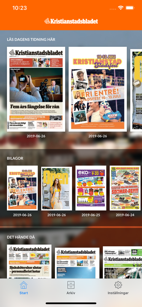 The home screen of the Kristianstadsbladet e-paper app displaying daily editions and news supplements.