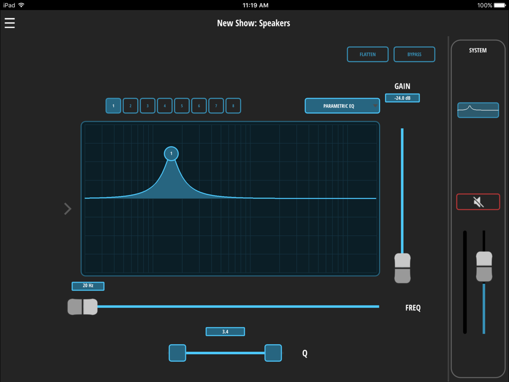 PRX Connect - Interface of the PRX Connect app showing parametric EQ controls and a frequency response graph on an iPad