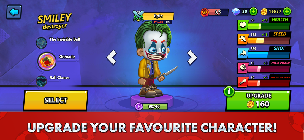 Street Soccer: Ultimate Fight - Menú de mejora de personaje en Street Soccer Ultimate Fight que muestra un personaje comodín estilizado con estadísticas de salud y velocidad.