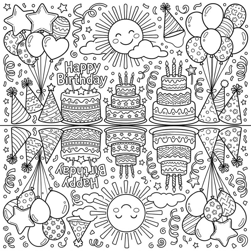 Dive into a uniquely festive coloring experience with this birthday scene featuring a charming sun reflection. Discover intricately designed birthday cakes, balloons, and party hats waiting for your creative touch.