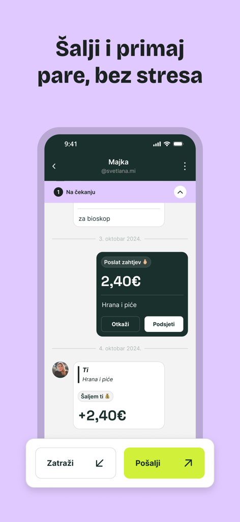Interfaz de la aplicación Presto que muestra chat de transferencia de dinero y botones de solicitud