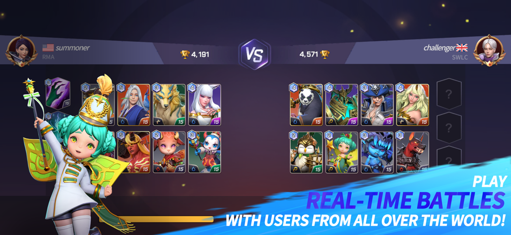 Summoners War: Lost Centuria - Pantalla de emparejamiento de batalla PvP 8v8 en tiempo real en Summoners War Lost Centuria que muestra dos equipos y las clasificaciones de jugadores globales