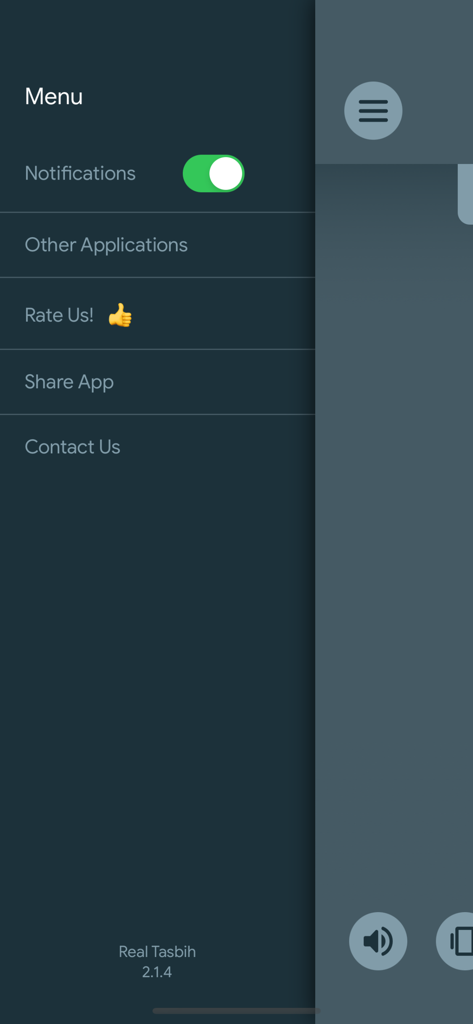 Real Tasbih Counter: Misbaha - Menu interface of Real Tasbih Counter app showing notifications and settings