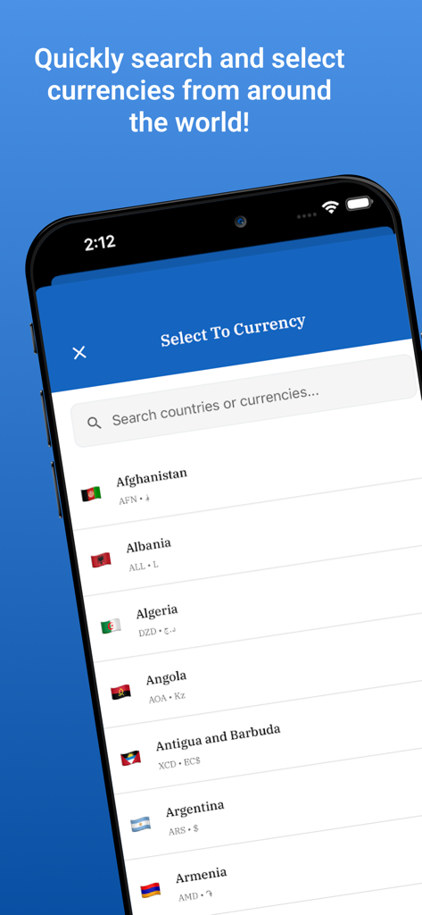 Screen showing a search bar and a list of global currencies with their country flags.
