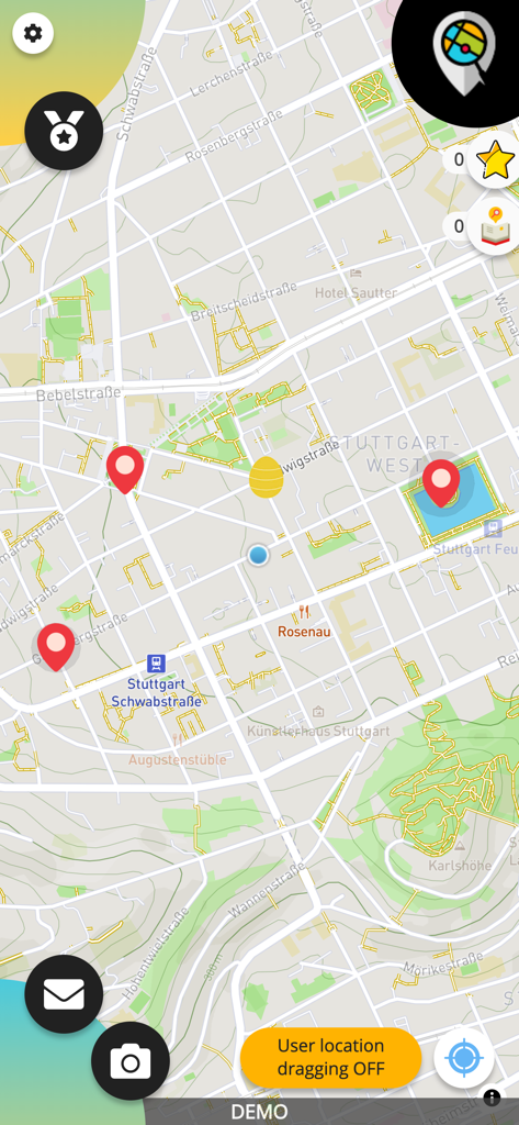 Caught - Map view in the Caught app showing user location and nearby pins for exploration in an urban area.