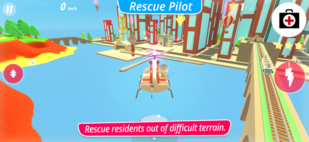 McPanda: Super Pilot Kids Game - A rescue helicopter flying over a colorful city in the McPanda Super Pilot kids game.