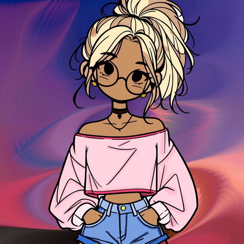 girl with a messy ponytail glasses a baggy crop top and jean shorts