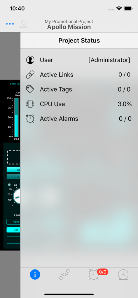HMI Viewer project status screen displaying system diagnostics and administrator login