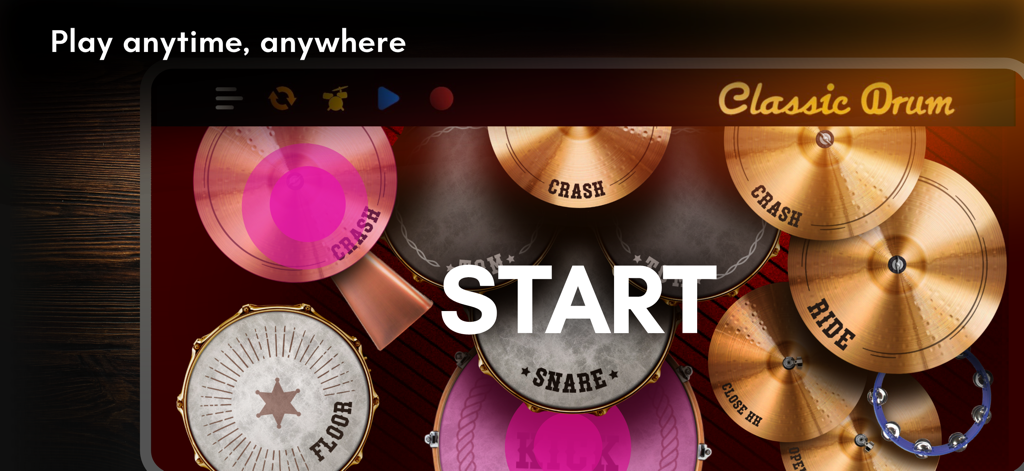 Start screen of the Classic Drum app featuring a realistic virtual drum kit interface