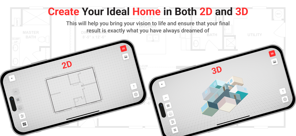Deux smartphones montrant des plans 2D et des visualisations de conception de maison en 3D dans l'application Magical Floor Planner