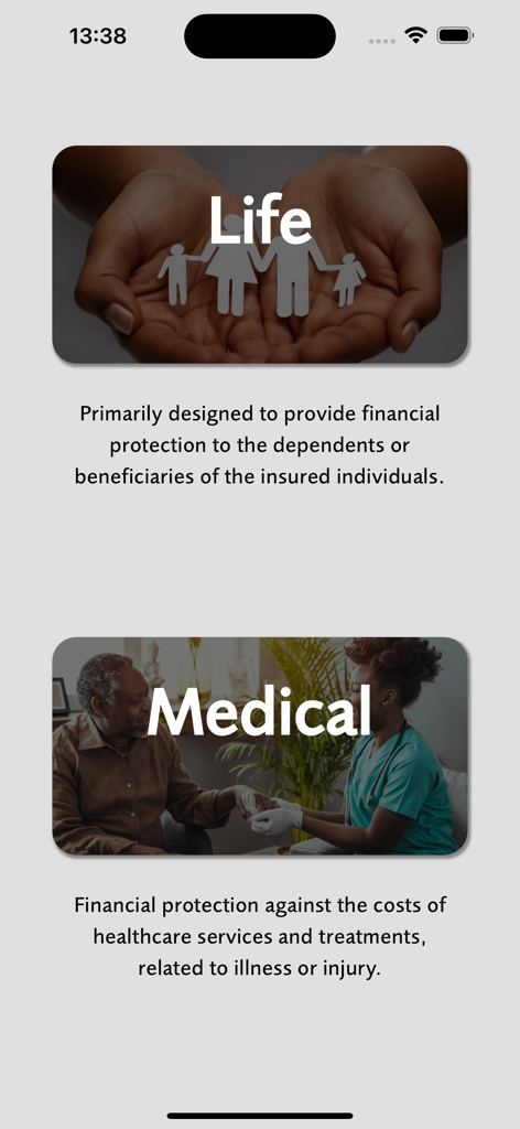 PruHub - PruHub app screen displaying life and medical insurance categories with descriptive text for insurance agents
