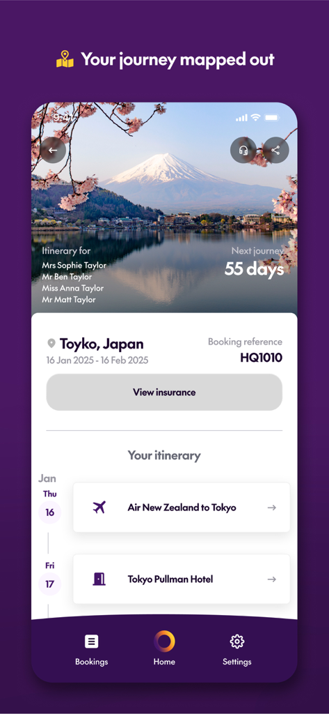House of Travel - House of Travel app screen displaying a flight and hotel itinerary for a trip to Japan.
