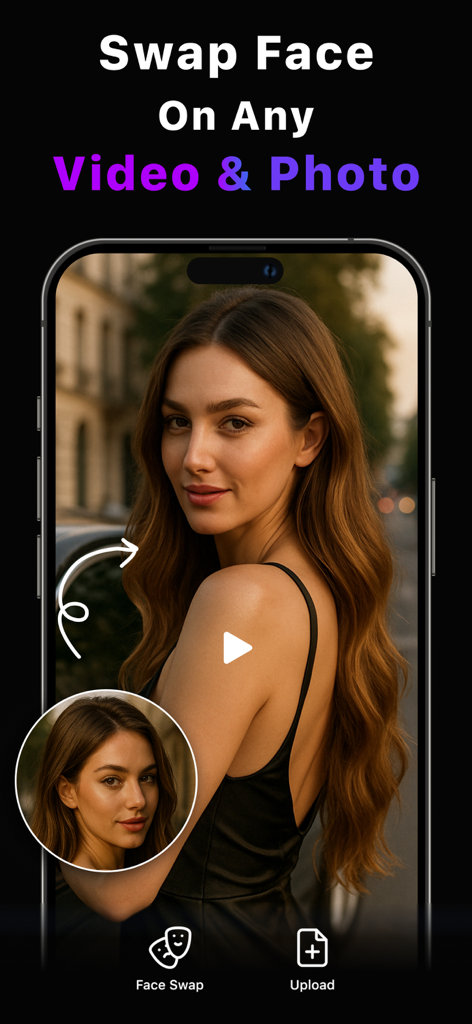 Interface of the AI Faceswap app showing the feature to swap faces on any video and photo