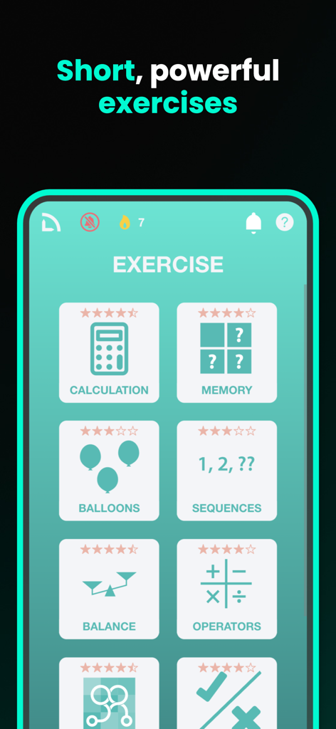 LOGIC Duel: Math Games - LOGIC Duel app interface displaying brain training categories including calculation memory and sequences