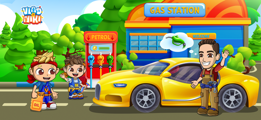 Comicfiguren Vlad und Niki an einer Tankstelle mit einem gelben Sportwagen und einem Mechaniker.