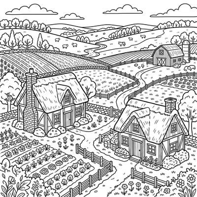 Step into a peaceful countryside scene with this delightful farm cottages coloring page, specially designed for seniors. Its clear lines and engaging details offer a relaxing and accessible creative experience.