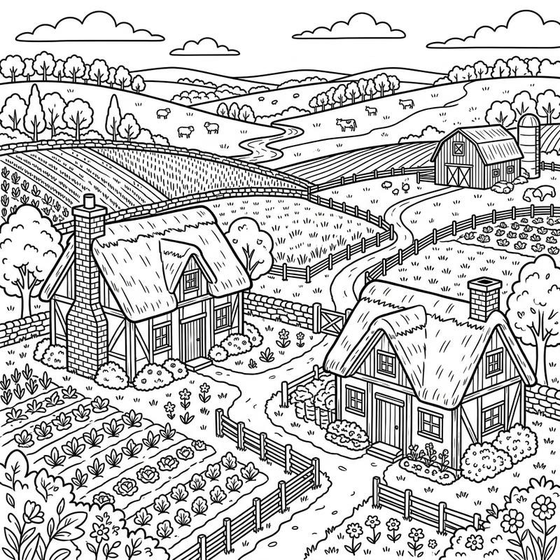 Step into a peaceful countryside scene with this delightful farm cottages coloring page, specially designed for seniors. Its clear lines and engaging details offer a relaxing and accessible creative experience.