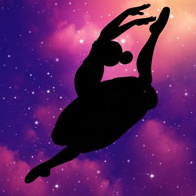 gymnast doing a leap in a leotard with a bent back leg