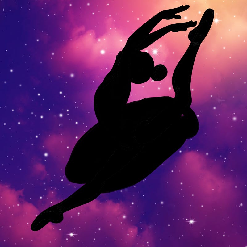 gymnast doing a leap in a leotard with a bent back leg