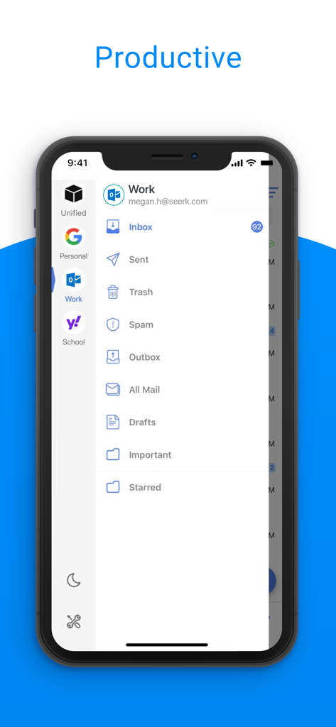 TypeApp Email, Mail & Exchange - App email TypeApp su iPhone che mostra la barra laterale di gestione multi-account e le cartelle della casella di posta.