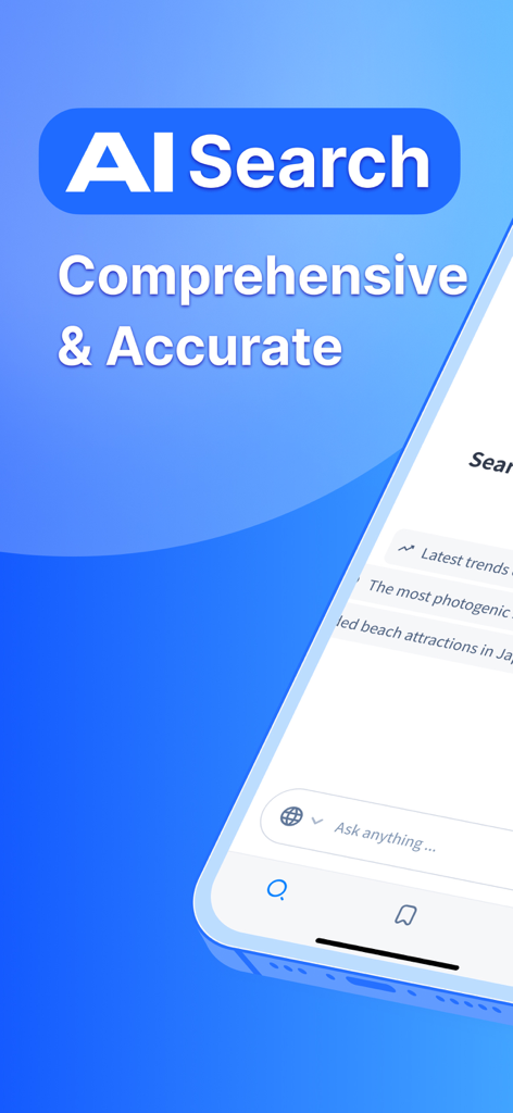 Felo mobile app interface displaying AI search feature with comprehensive and accurate text