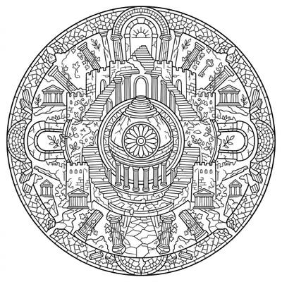 Journey into the past with this intricate Ancient City Ruins Mandala coloring page. Its detailed symmetrical design features crumbling architecture and overgrown elements, perfect for a meditative and creative escape.