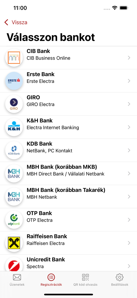 ViCA - Screen in the ViCA app displaying a list of supported Hungarian banks for secure transaction authentication.