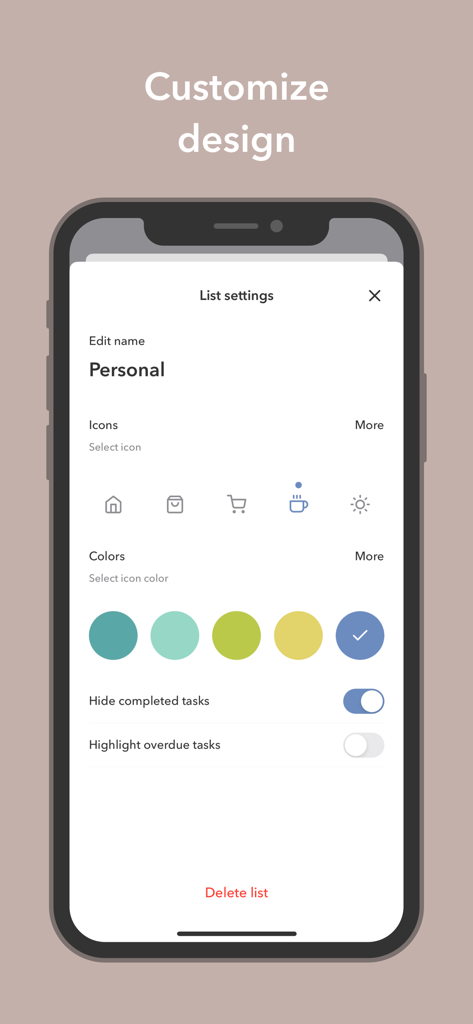Mindlist — To Do List & Tasks - Mindlist app interface for customizing list icons and colors.