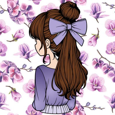 realistic girl  with hip length hair a bun and a big bow on the back of head