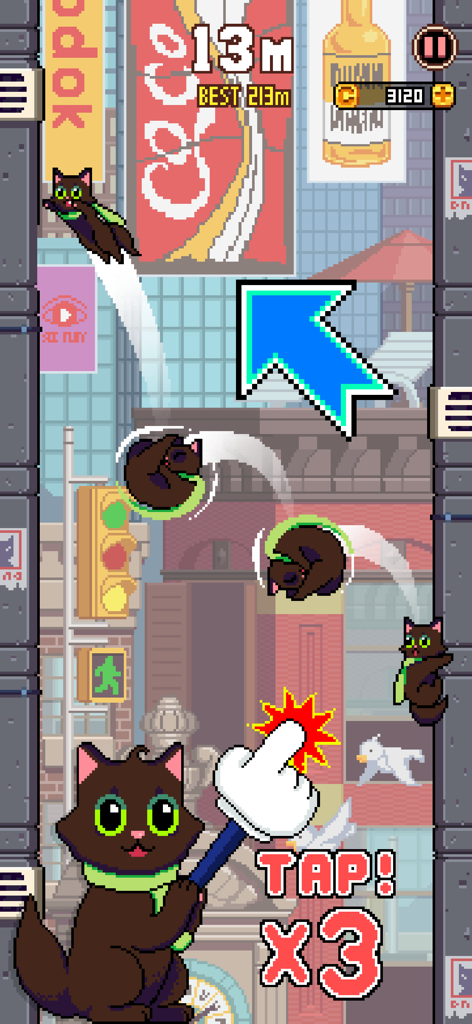 Cat Jump (Global) - 都会の風景でトリプルジャンプをする茶色のピクセルアートの猫を示すCat Jumpのゲームプレイ
