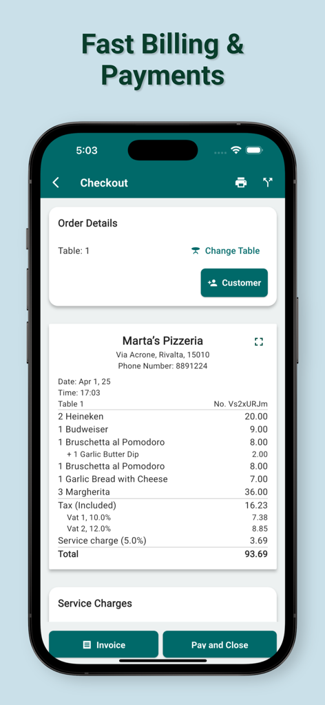 Checkout screen of the Restaurant POS app showing a digital receipt for a pizzeria order